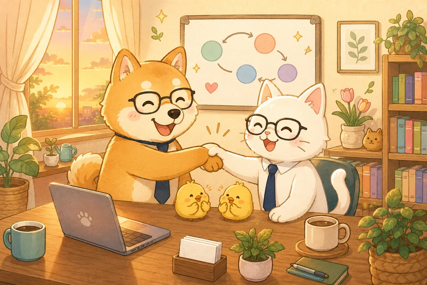 夕暮れのオフィスで握手を交わす柴犬と白猫のイラスト