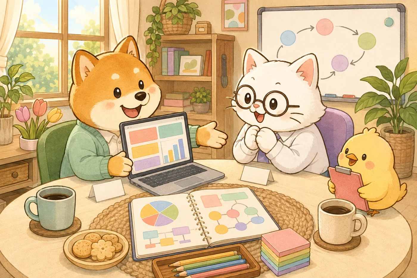 ノートPCを開いて作ったものを見せる柴犬と、身を乗り出して画面をのぞきこむ社長風の白猫のイラスト