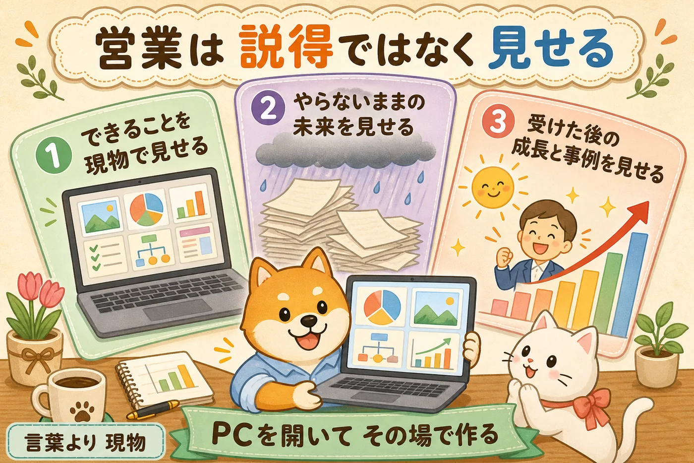 営業は説得ではなく見せる — 現物・やらないままの未来・受けた後の未来と事例、の3つを並べた図解