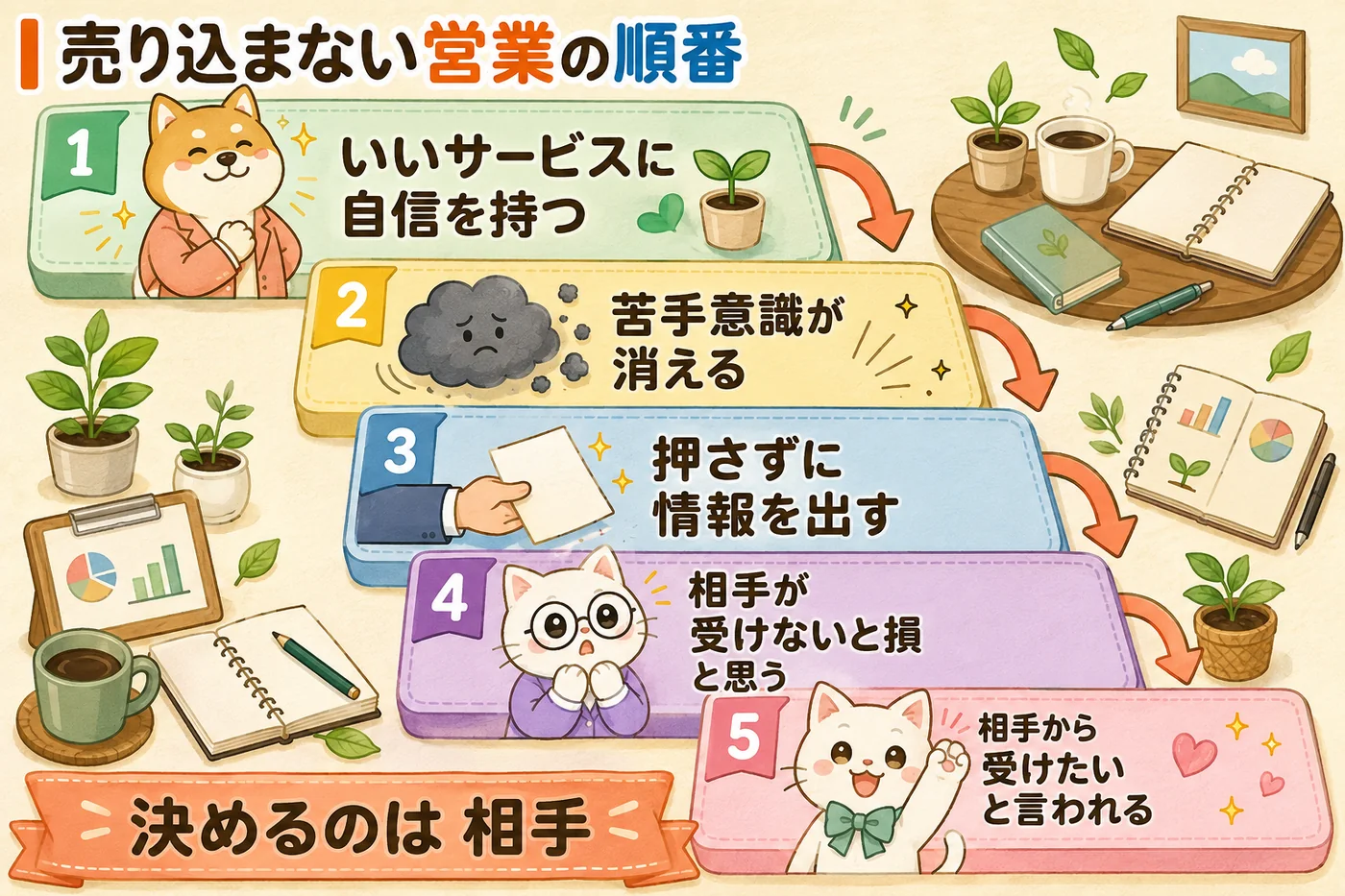 売り込まない営業の順番。自信を持つ→苦手意識が消える→押さずに情報を出す→受けないと損と思う→受けたいと言われる、の5段の連鎖を描いた図解