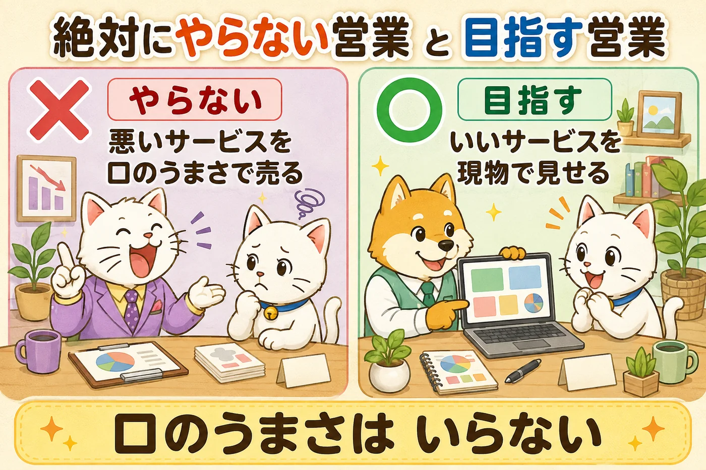 悪いサービスを口のうまさで売る営業と、いいサービスを現物で見せる営業を左右で対比した図解
