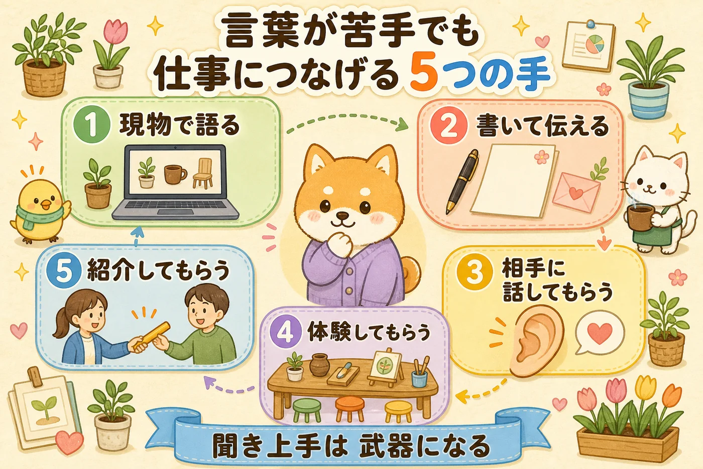 言葉が苦手でも仕事につなげる5つの手（現物で語る・書いて伝える・相手に話してもらう・体験してもらう・紹介してもらう）を並べた図解
