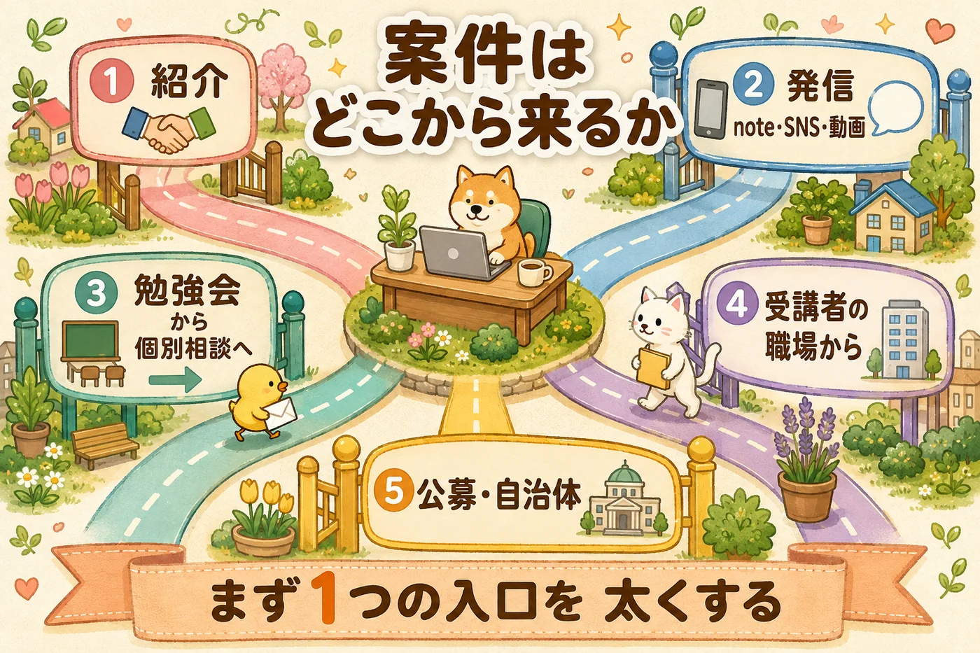 案件の5つの入口（紹介・発信・勉強会から個別相談・受講者の職場・公募や自治体）を描いた図解
