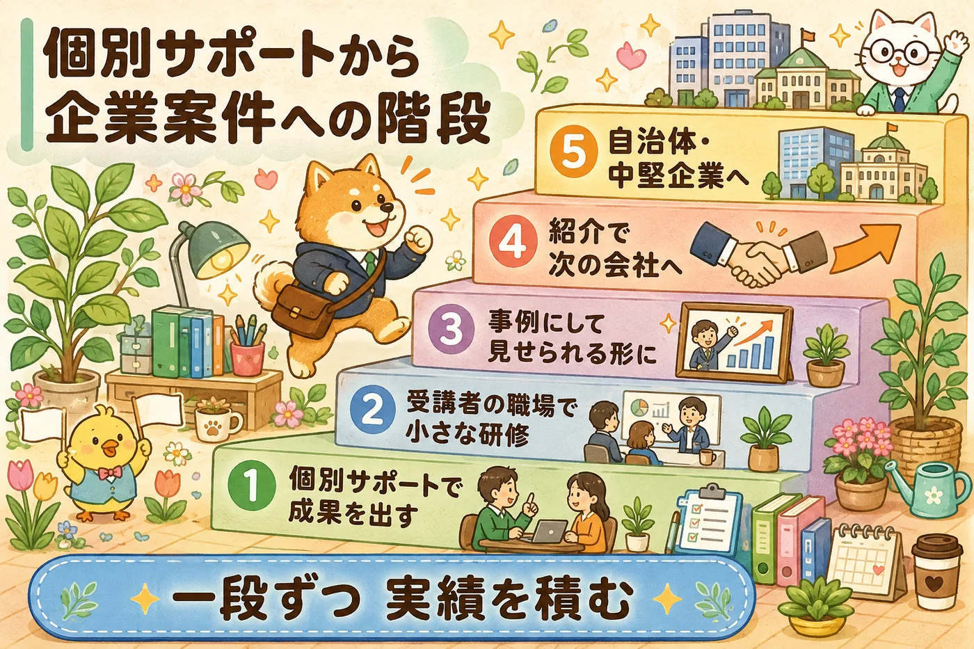 個別サポートから企業案件へ進む5段の階段（成果→小さな研修→事例化→紹介→自治体や中堅企業）を描いた図解
