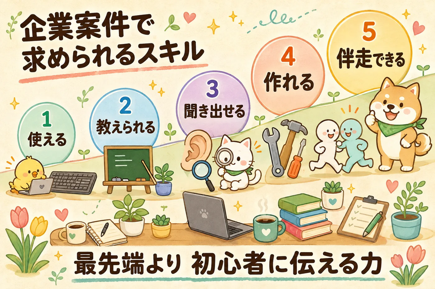 企業案件で求められるスキル5段階（使える・教えられる・聞き出せる・作れる・伴走できる）を並べた図解